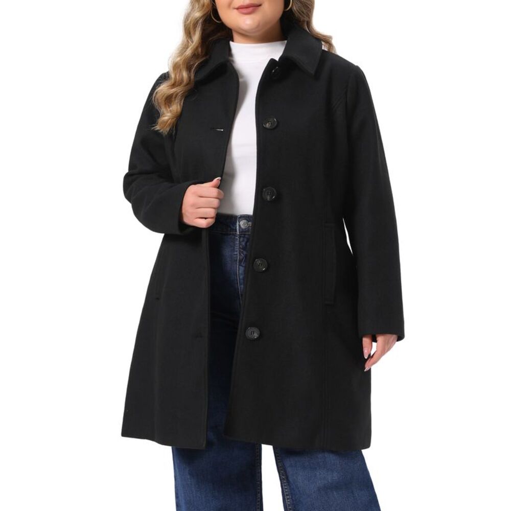 Women Plus Size Lapel Collared Single Breasted Warm Long Coat Black